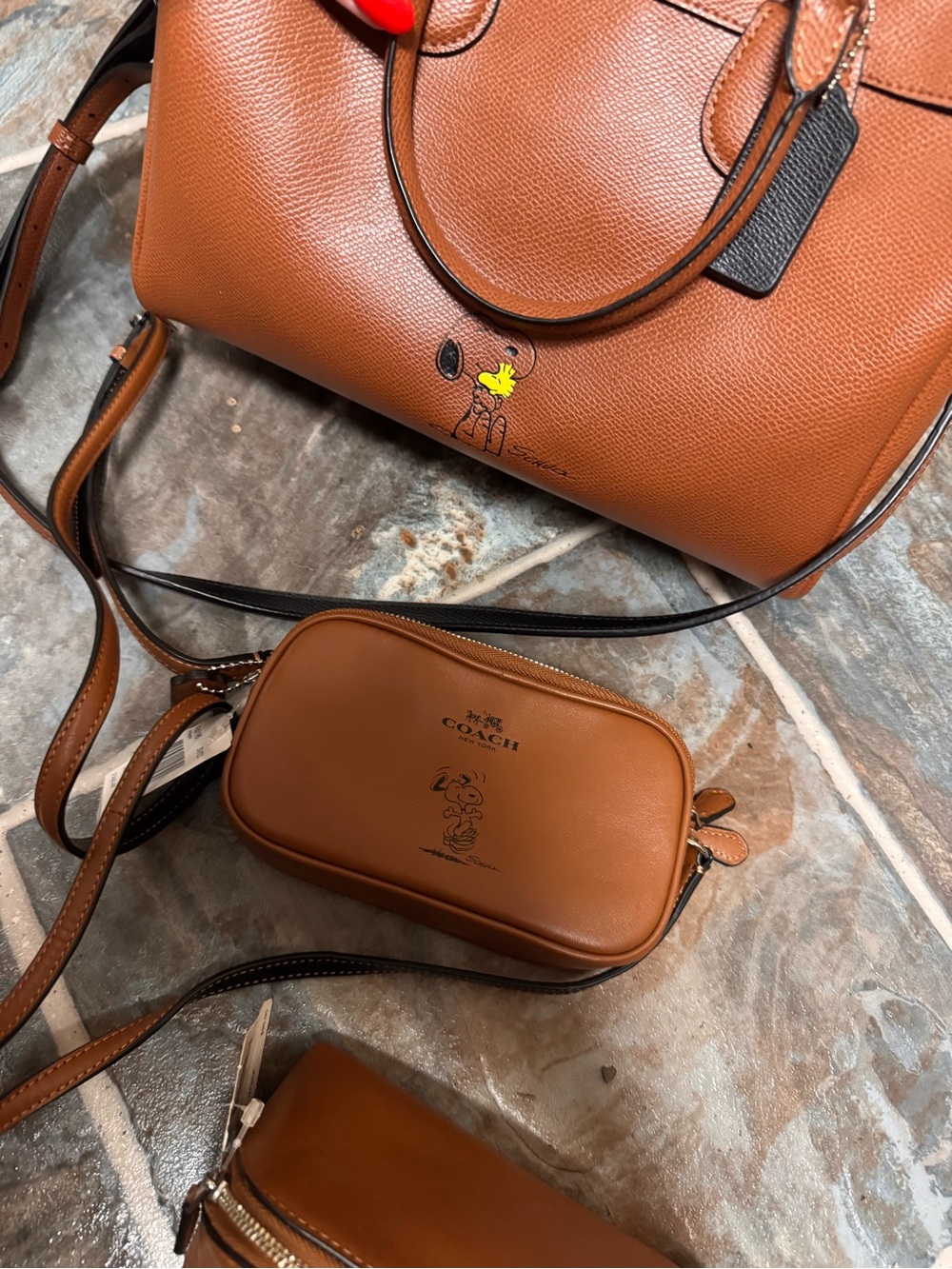 Coach Brown Pebble Leather Satchel and Pouch Set with Snoopy Motif - Picture 4 of 5